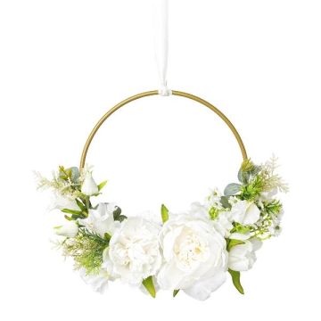 Corona de flores artificiales de peonía y campanilla KEFRO, blanca, Ø 25 cm