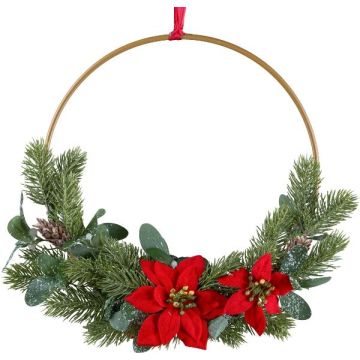 Corona decorativa de flores de estrella de Navidad KIRLO, bayas, piñas, roja, Ø 40 cm