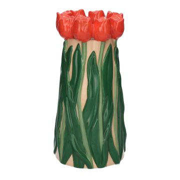 Jarrón LIMEA de dolomita, tulipanes en 3D, beige-rojo-verde, 24,5 cm, Ø 12,5 cm