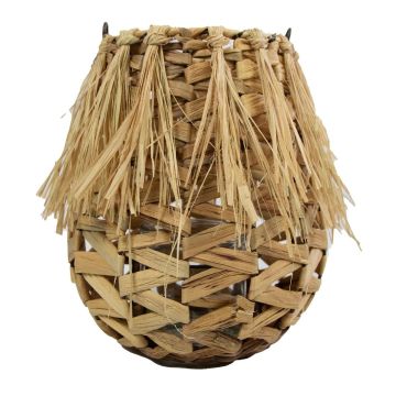 Linterna de mimbre NATASCIA, jacinto de agua, asa, inserto de cristal, marrón, 27 cm, Ø 17 cm