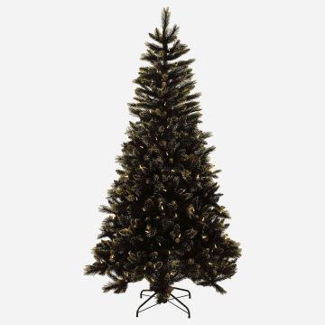 Árbol de Navidad artificial ASKER SPEED con piñas, luces LED, brillo dorado, negro, 225 cm, Ø 120 cm