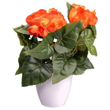 Flor artificial begonia SYLINA, maceta decorativa blanca, color naranja, 25 cm
