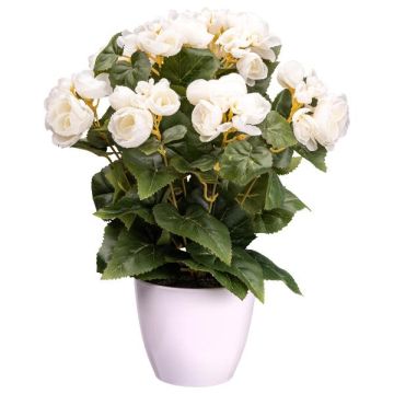 Flor artificial Begonia SYLINA, maceta decorativa blanca, color crema, 35 cm