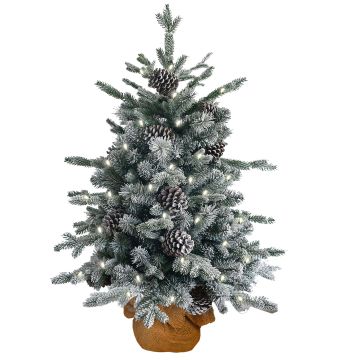 Árbol de Navidad artificial LYNGDAL, con nieve, piñas, LED, saco de yute, 60 cm, Ø 40 cm