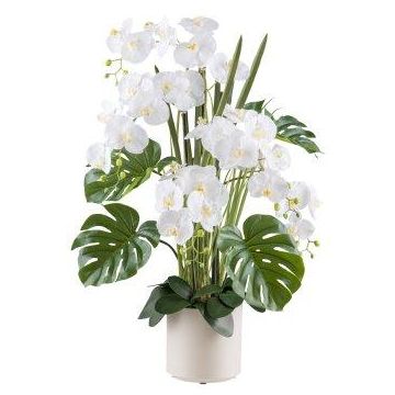 Arreglo floral artificial de orquídeas y filodendros CASTOL, sansevieria, maceta decorativa, blanco, 110 cm Arreglo floral artificial de orquídeas y filodendros CASTOL, sansevieria, maceta decorativa, blanco, 110 cm