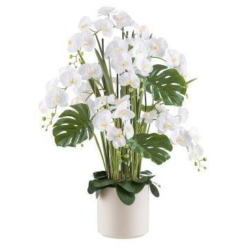 Arreglo floral artificial de orquídeas y filodendros CASTOL, sansevieria, maceta decorativa, blanco, 120 cm