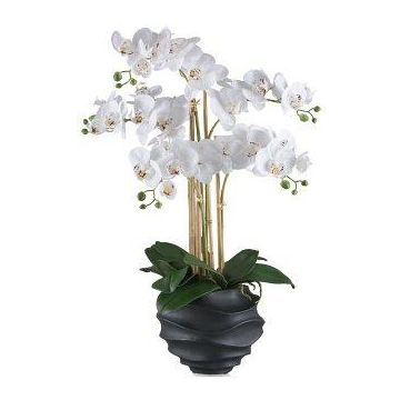 Orquídea Phalaenopsis artificial STONFER, maceta decorativa negra, raíces, blanca, 70 cm