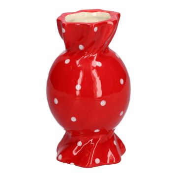 Jarrón achatado con pie para flores Bonbon AMIEL de cerámica, con puntos, rojo y blanco, 15 cm, Ø 8,5 cm