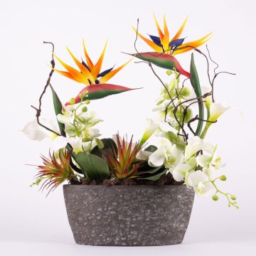 Arreglo floral exótico artificial LOVARA, strelitzia, orquídea, cala, naranja-blanco-verde, 55 x 30 x 60 cm