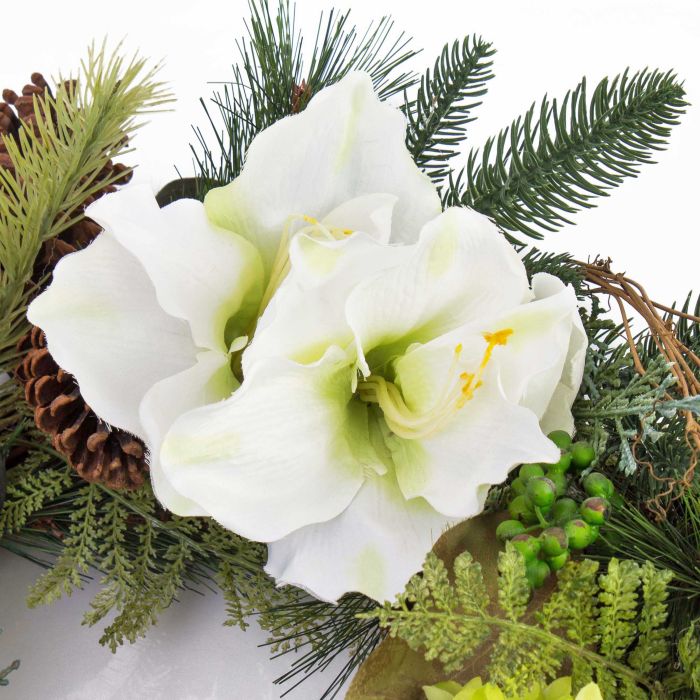 Corona con ramas de abetos, amarilis y hortensias artificiales, blanco, Ø  53cm - artplants Coronas Artificiales