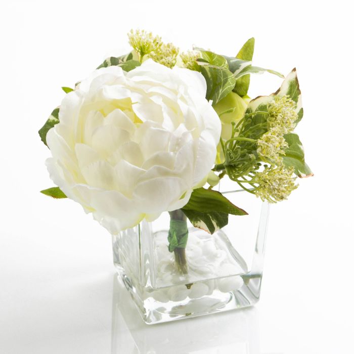 Ramo con rosas y paniculata artificial en recipiente de cristal SISSI,  blanco, 16cm, Ø14,5cm - artplants Arreglos Florales Artificiales