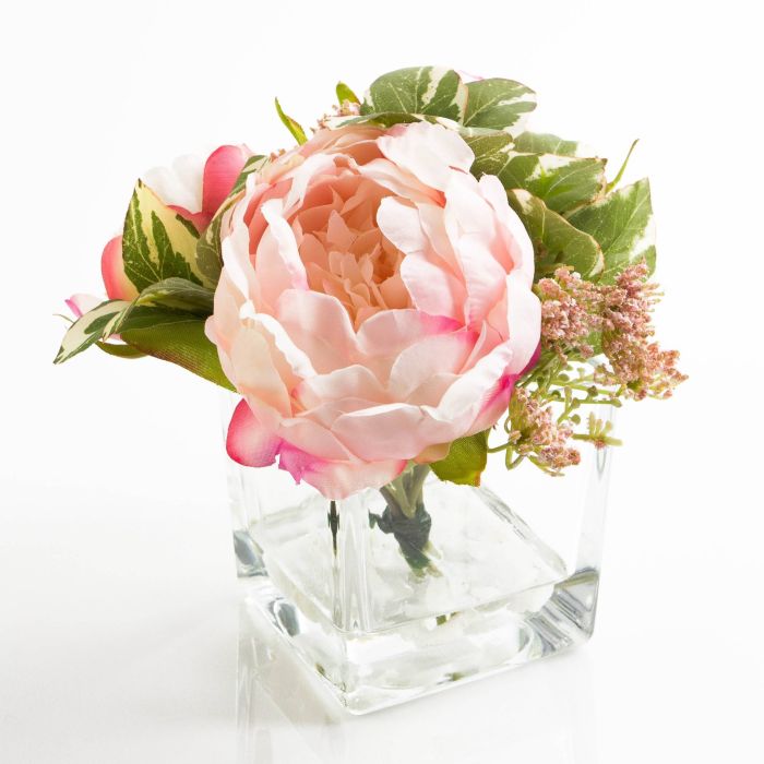 Ramo con rosas y paniculata artificial en recipiente de cristal SISSI, rosa  y blanco, 16cm, Ø14,5cm - artplants Arreglos Florales Artificiales