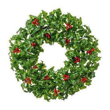 Corona decorativa de acebo TREFO con bayas, verde y rojo, Ø 50 cm