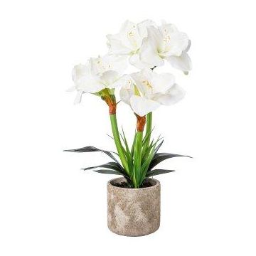 Arreglo floral artificial de amarilis OWELRA con hierba, maceta de cemento, blanco, 55 cm