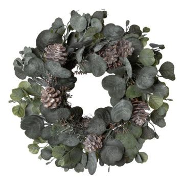 Corona artificial de eucalipto RINPO, piñas, gris-verde, Ø 35 cm