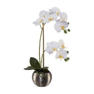 Flor artificial Phalaenopsis Orquídea ZARFU, maceta decorativa plateada, raíces, blanco, 40 cm