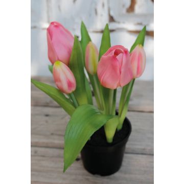 Tulipán artificial CAITLYN en maceta decorativa, rosa-verde, 25cm, Ø2-6cm