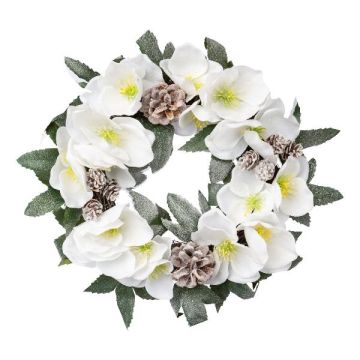 Corona de flores decorativa rosa de Navidad FOGRA, piñas, congelada, blanca, Ø 30 cm