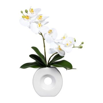 Orquídea Phalaenopsis artificial DRELMOR, jarrón de cerámica, raíces, blanca, 35 cm
