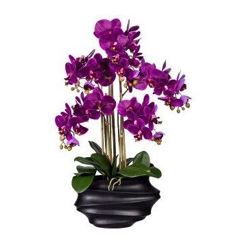 Orquídea Phalaenopsis artificial ZALBROK, jarrón decorativo negro, raíces, lila, 75 cm