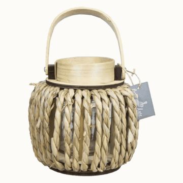Linterna decorativa de madera LUCELIA con vaso para velas, asa, trenzada, beige, 18 cm, Ø 18 cm Linterna decorativa de madera LUCELIA con vaso para velas, asa, trenzada, beige, 18 cm, Ø 18 cm