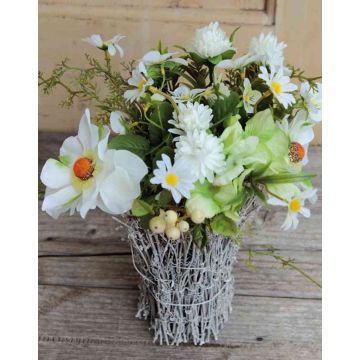 Arreglo floral de anémonas y pensamientos artificiales CHEYENNE, maceta de ratán, blanco, 40cm