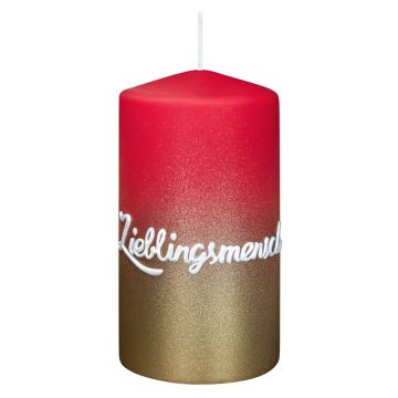 Vela corta JARDENA con inscripción, persona favorita, rojo viejo-dorado, 13 cm, Ø 7 cm, 52 h