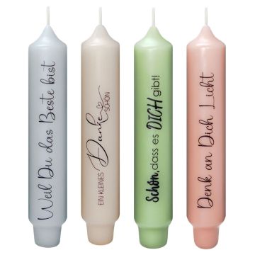 Vela perforada con frase KELANI, cumplido, 4 velas, 4 frases, multicolor, 16,5 cm, Ø 2,8 cm, 6 h Vela perforada con frase KELANI, cumplido, 4 velas, 4 frases, multicolor, 16,5 cm, Ø 2,8 cm, 6 h