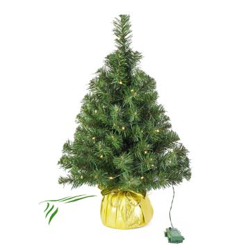 Mini árbol Navidad artificial WARSCHAU, saco yute dorado, LED 60cm, Ø40cm