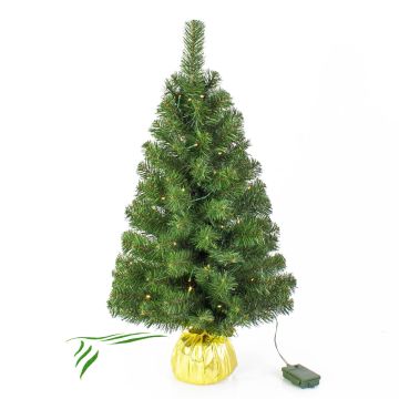 Mini árbol Navidad artificial WARSCHAU, saco yute dorado, LED, 90cm, Ø50cm