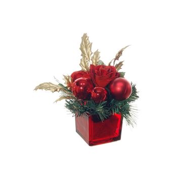 Composición artificial de rosa, pino, acebo HALANA con bolas, vidrio decorativo, rojo-dorado, 13cm, Ø19cm