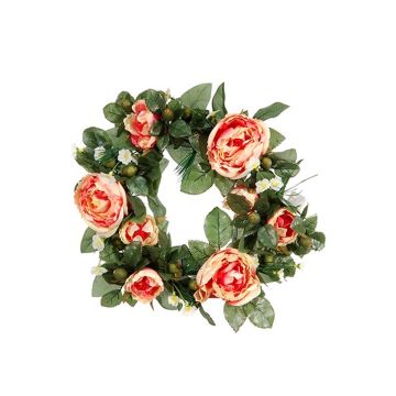 Corona de flores artificiales de peonía SOLANI, pino, rosa-albaricoque, Ø15cm