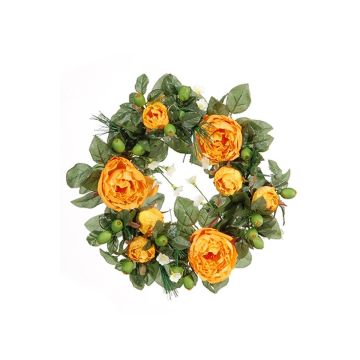 Corona de flores artificiales de peonía SOLANI, pino, naranja, Ø15cm