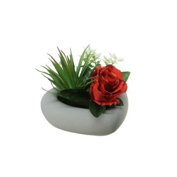 Composición de flores artificiales de Rosa, Agave BEVIS, maceta decorativa, rojo-blanco, 14cm, Ø18cm