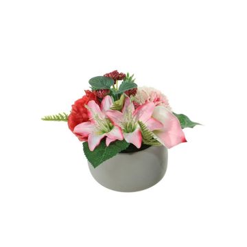 Composición artificial de lirio, cala, peonía, clavel ALFARA, maceta decorativa, rosa-crema-rojo, 19cm, Ø20cm