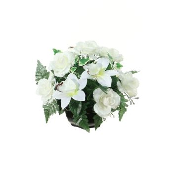 Composición de flores artificiales de Rosa, Orquídea cymbidium YAMMA, maceta decorativa, crema, 26cm, Ø27cm