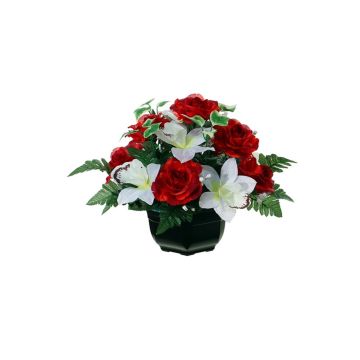 Composición de flores artificiales de Rosa, Orquídea cymbidium YAMMA, maceta decorativa, rojo-crema, 26cm, Ø27cm