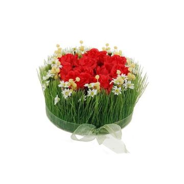 Composición de flores artificiales de rosas, hierba HAULANI, rojo-blanco, 12cm, Ø20cm