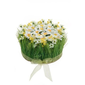 Composición de flores artificiales de narcisos, hierba HAULANI, blanco-amarillo, 12cm, Ø20cm