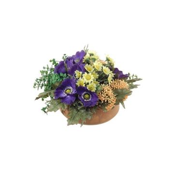 Composición de flores artificiales de Anémona, Astilbe IGNATIO sobre placa, violeta-amarillo, 17cm, Ø28cm