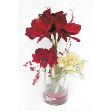 Arreglo de flores artificiales de amaryllis, hortensia TASHI, vidrio decorativo, rojo-crema, 40cm, Ø23cm