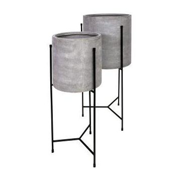 Maceta redonda NARUKO con soporte metálico, 2 unidades, fibra de vidrio, gris, 35 x 75 cm, 45 x 82 cm