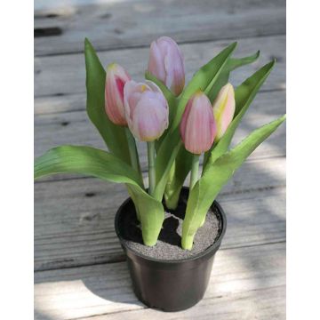 Tulipán artificial LEANA en maceta decorativa, rosa-verde, 20cm, Ø2-4cm