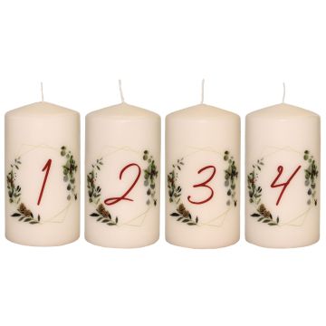 Velas de Adviento CHRISTOPHORUS con números impresos, 4 unidades, color crema, 13 cm, Ø 6,8 cm, 52 h - Fabricadas en Alemania