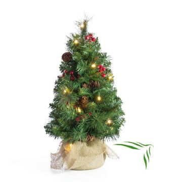 Abeto navideño artificial BUKAREST, piñas, saco yute, decorado, LEDs, 45cm, Ø25cm