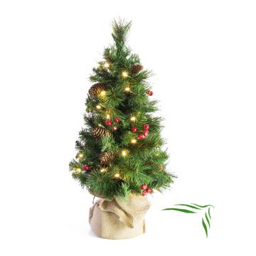 Abeto navideño artificial BUKAREST, piñas, saco yute, decorado, LEDs, 60cm, Ø35cm