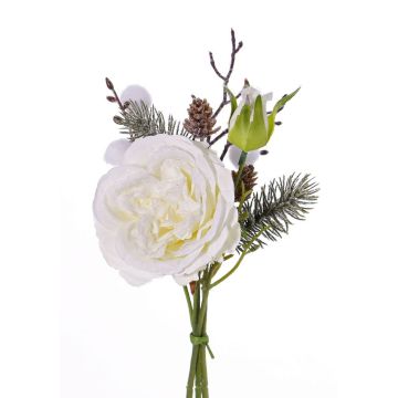 Ramo de rosas artificial FANNI, piñas, nevado, blanco, 30cm, Ø15cm