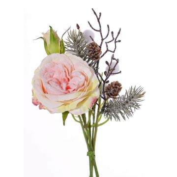 Ramo de rosas artificial FANNI, piñas, nevado, rosa, 30cm, Ø15cm