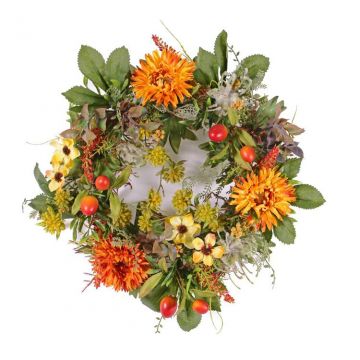Corona de otoño artificial SABINE, Gerbera, amarillo-naranja, Ø30cm
