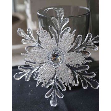 Colgador flor de hielo GEORGINA, acrílico, purpurina, transparente-plateado-blanco, Ø 14 cm